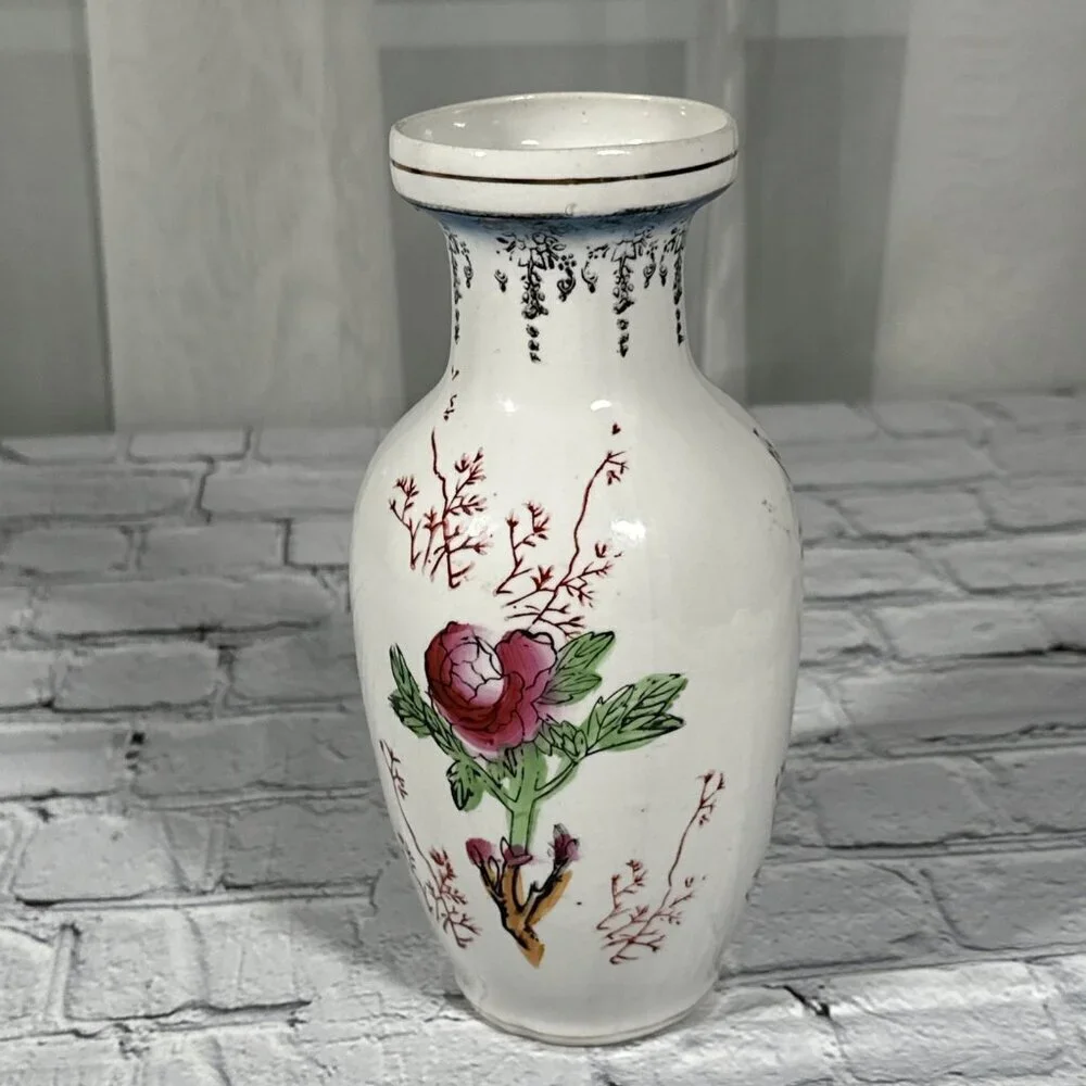 Vintage Floral Bird Hand Painted Chinese Porcelain Vase 8”